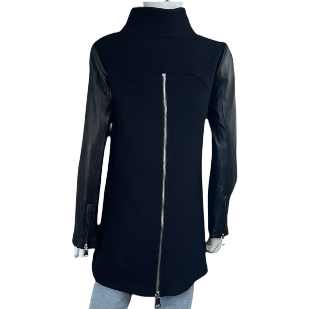 MILLY Black Wool & Leather Coat Size 6 - Picture 3 of 8